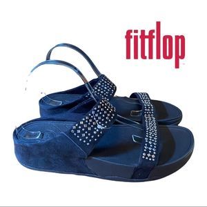 NEW FitFlop Women's "Novy" Super Navy Suede Embellished Slide Sandals 11
